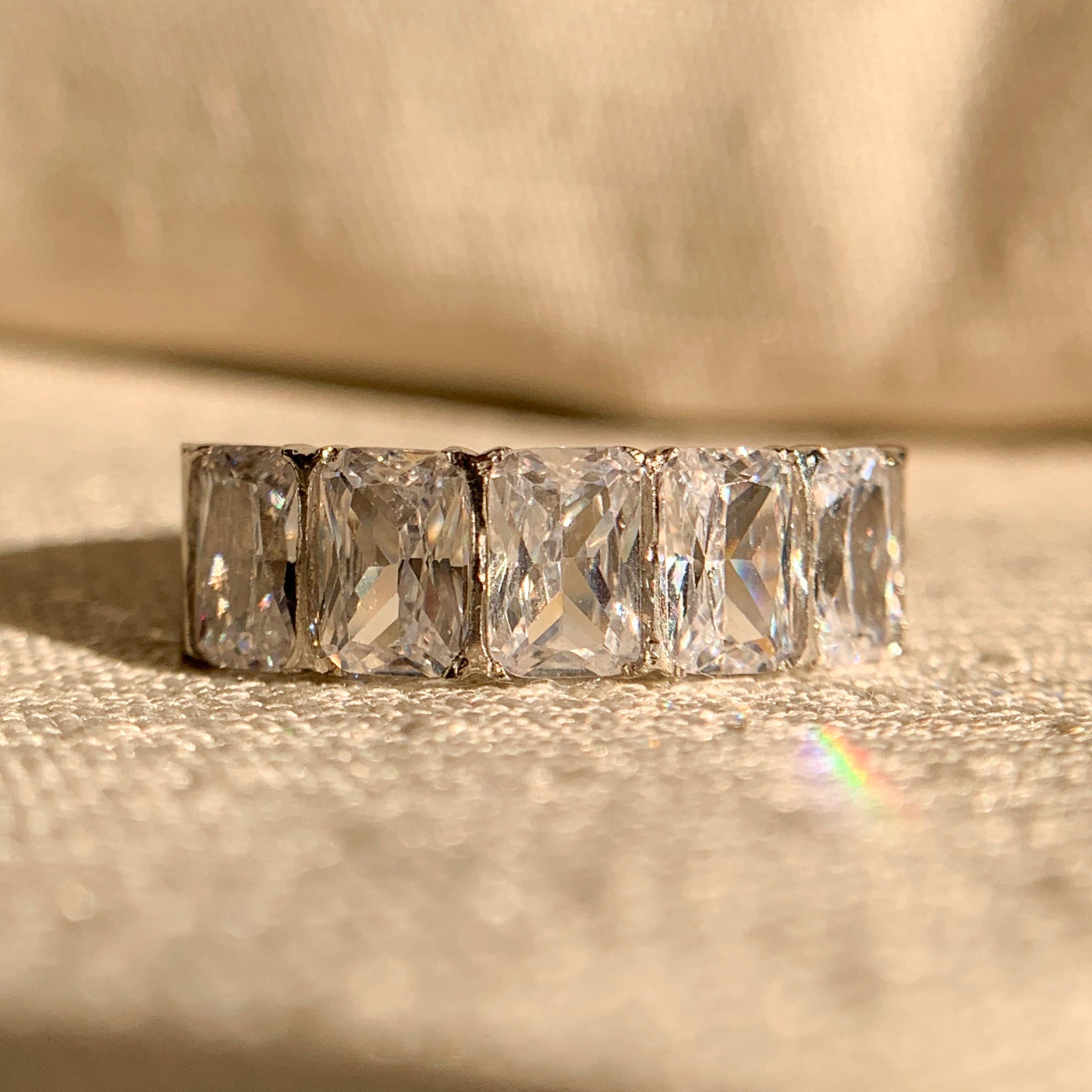 "Emerald cut scalloped half eternity band in 14k gold for women"